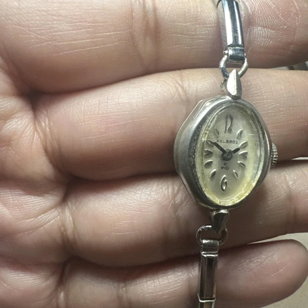Working Vintage HELBROS Silver 21 jewels Manual Wind Ladies Watch 17mm‎ Fit 6.5